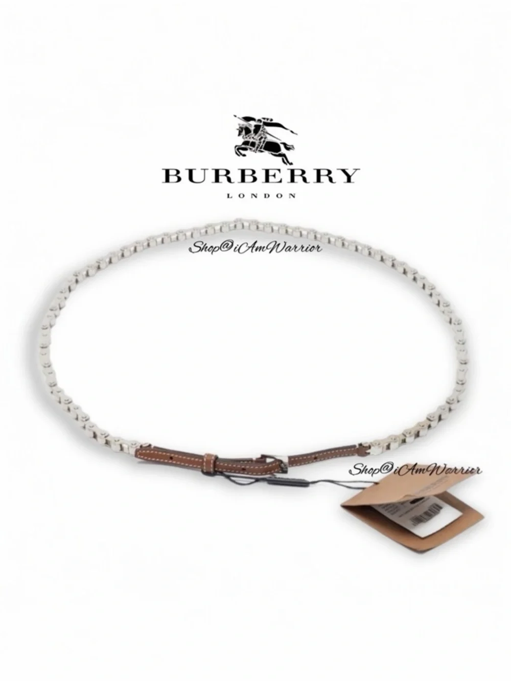 Authentic Burberry malt brown leather silver tone bicycle chain belt *iamwarrior